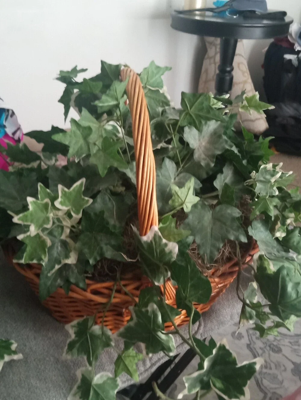 Faux Ivy Basket Plant - Lush Variegated Green Leaves